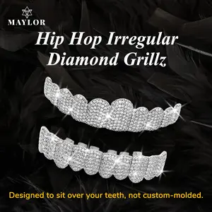 Hip Hop 2 pcs/set gifts Silver Cubic Zirconia Grillz -Designed to sit over your teeth, not custom-molded, 10 Teeth Adjustable Dental Braces, Mirror-Shine Teeth Jewelry for Rappers