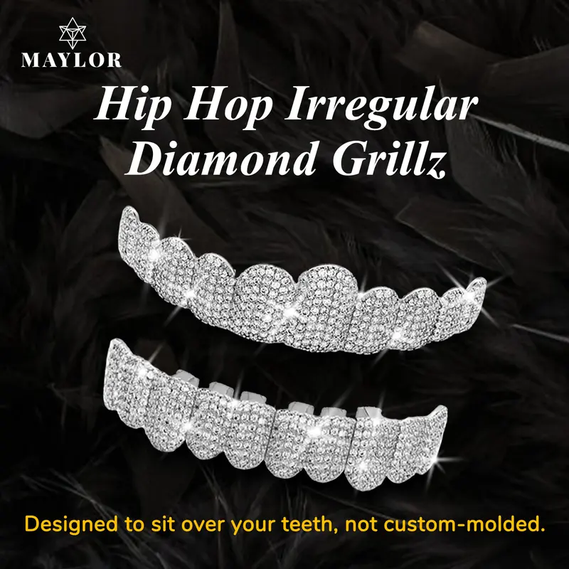 MAYLOR Hip Hop 2 pcs/set Valentine's Day gift Birthday gift Silver Cubic Zirconia Grillz -Designed to sit over your teeth, not custom-molded, 10 Teeth Adjustable Dental Braces, Mirror-Shine Teeth Jewelry for Rappers