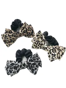 3-piece leopard print bow pleated hair accessory with light luxury and high-end hair loop suitable for women's headwear with high ponytail and bun hairstyle. Fashionable and versatile winter hair accessory