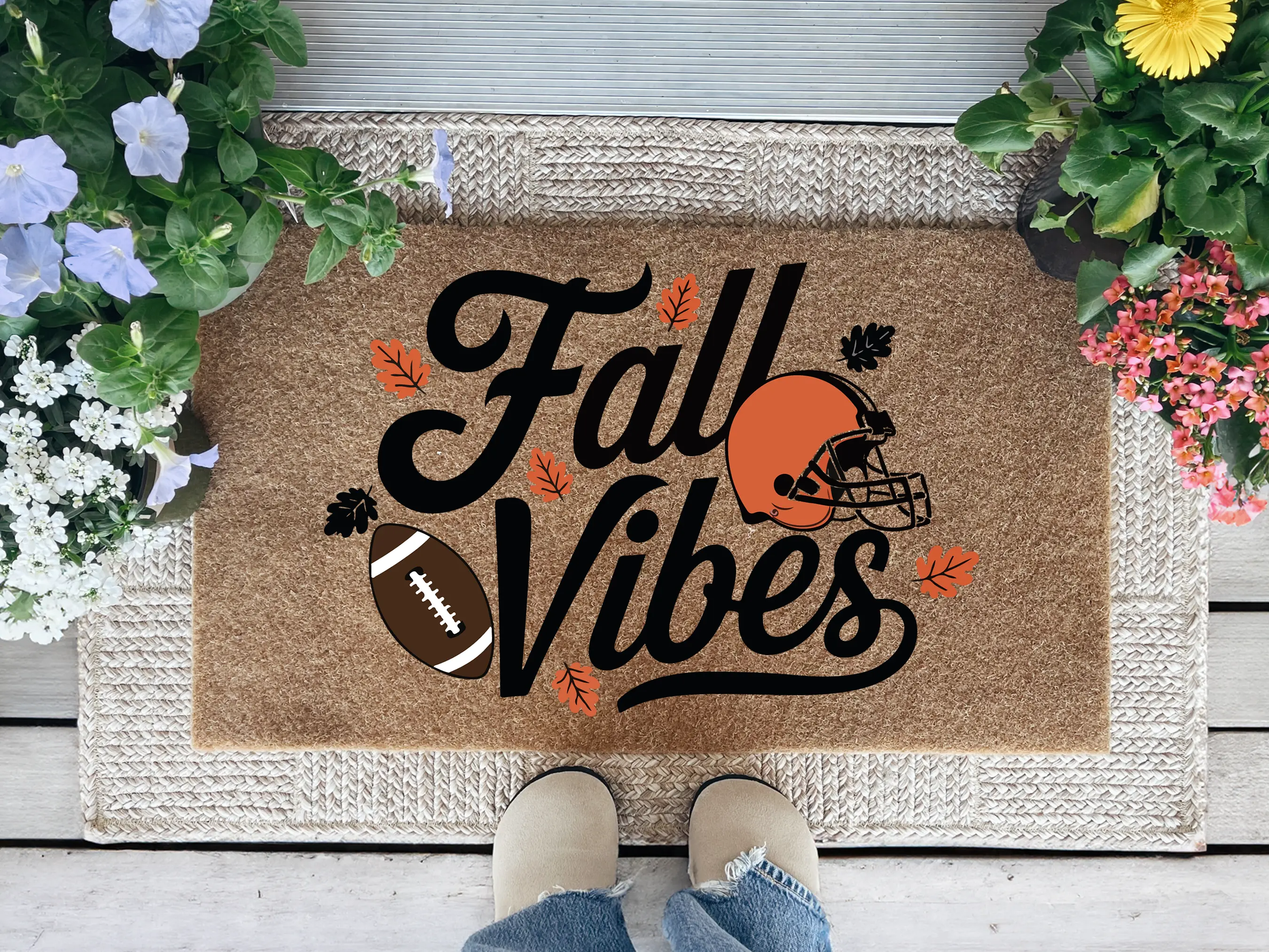 Fall Vibes Football Doormat, Front Door Mat, Fall Porch Decor, Sports Lover Gift, Modern Doormat, Welcome Doormat, Colorful Doormat