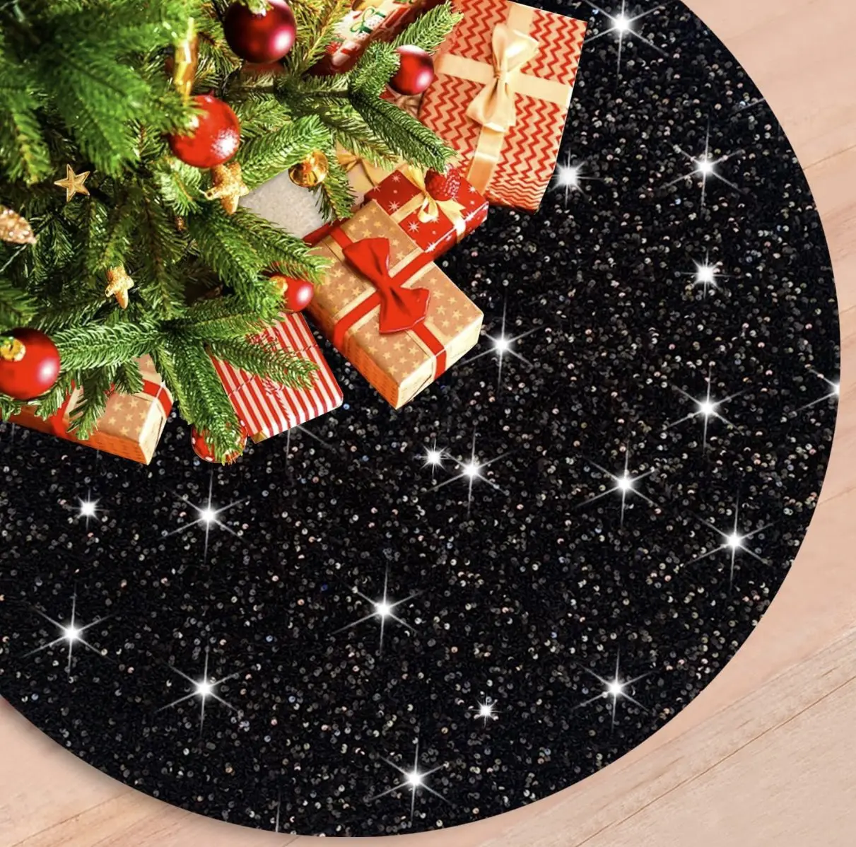 Christmas Black Tree Skirt 21 Inches Mini Tree Skirts Shimmer Embroidered Christmas Tree Skirts Sequin Halloween Tree Skirt High-end Glittery Tree Mat for Christmas Day Celebration Display