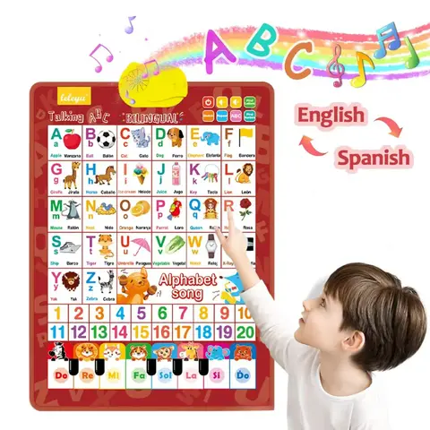 Bilingual Spanish-English Talking Early Education Wall Chart [lwg001] - 3-6years Language Toy, Classroom Supplies Charts, Finger Piano, Point Reading Book, Visual Learning Tool, Cognitive Children Development Aid, English Theme 26 Letters