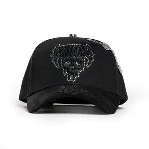 Barbas Hats Crime 1 Snapback – Black Rhinestone Skull Cap with Chain Detail, Distressed Brim Streetwear Baseball Hat, Premium Rockstar Style