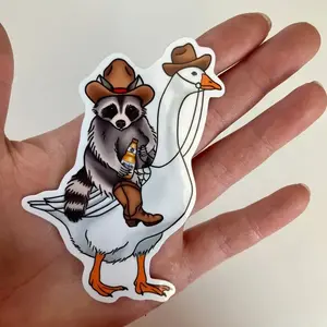 Cowboy Raccoon On A Goose With A Beer | Funny Raccoon sticker, Laptop Water Bottle Decal Sticker