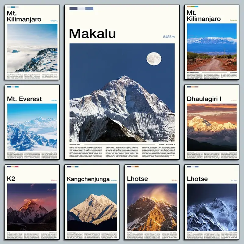 [Sale off up to 55%][Free Ship] Famous Mountain Range Poster, Mount Kilimanjaro, Mount Everest, K2, Mountain Photo Print, Wall Art Poster, Home Bedroom Decor