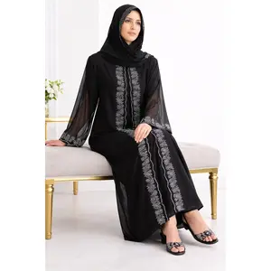 Embroidered Abaya with Sheer Sleeves and Matching Hijab Black Front Open Abaya with Short Sleeve Inner Wear – Floor-Length set 3