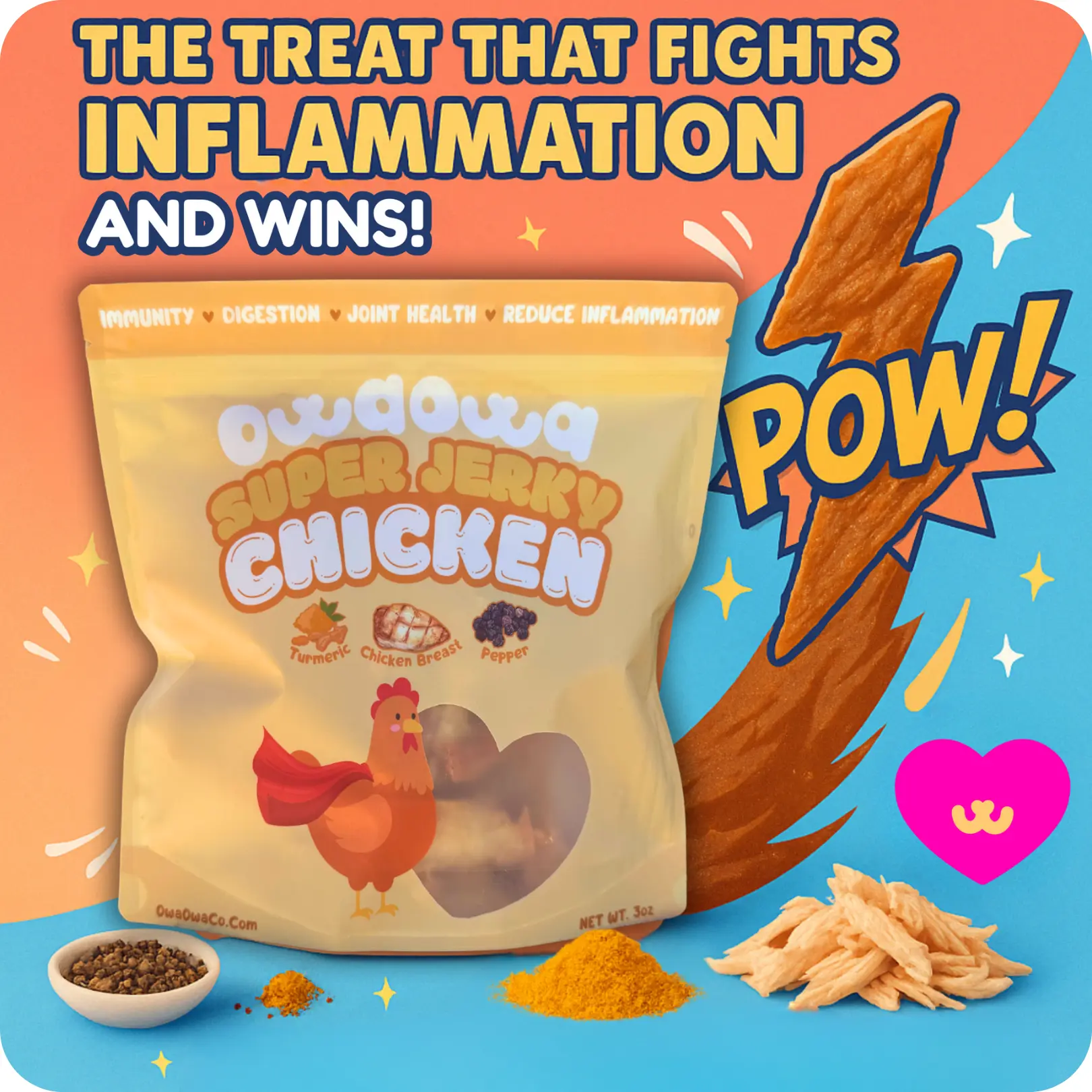 Owa Owa Super Chicken Jerky – 100% Natural High-Protein Treat for Dogs & Cats, with Turmeric for Joint Support. high protein, great for puppy