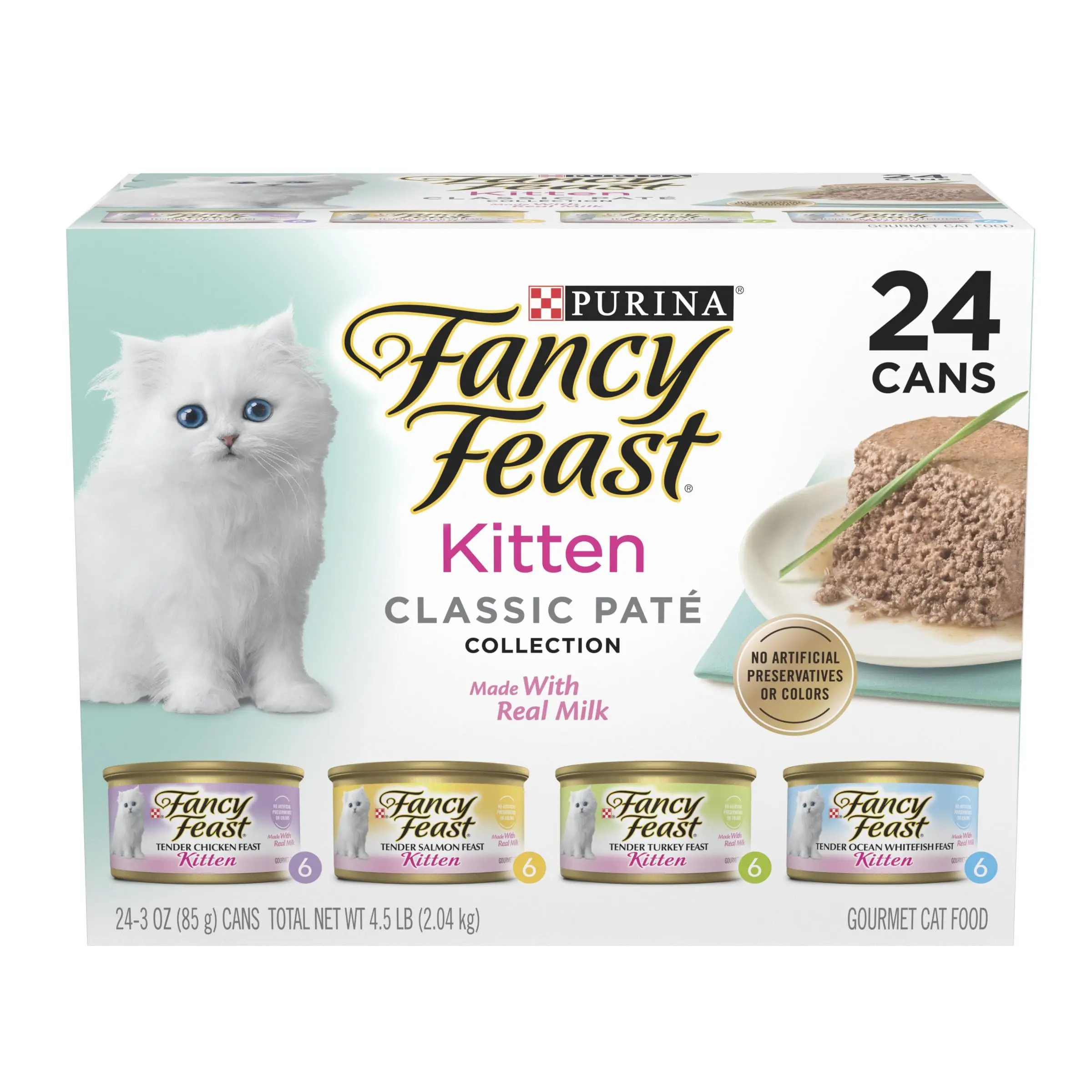 Tender Feast Wet Kitten Food Variety Pack, Ocean Whitefish, Turkey, Chicken & Salmon Pate, Complete & Balanced Nutrition, 24 x 3 oz Cans