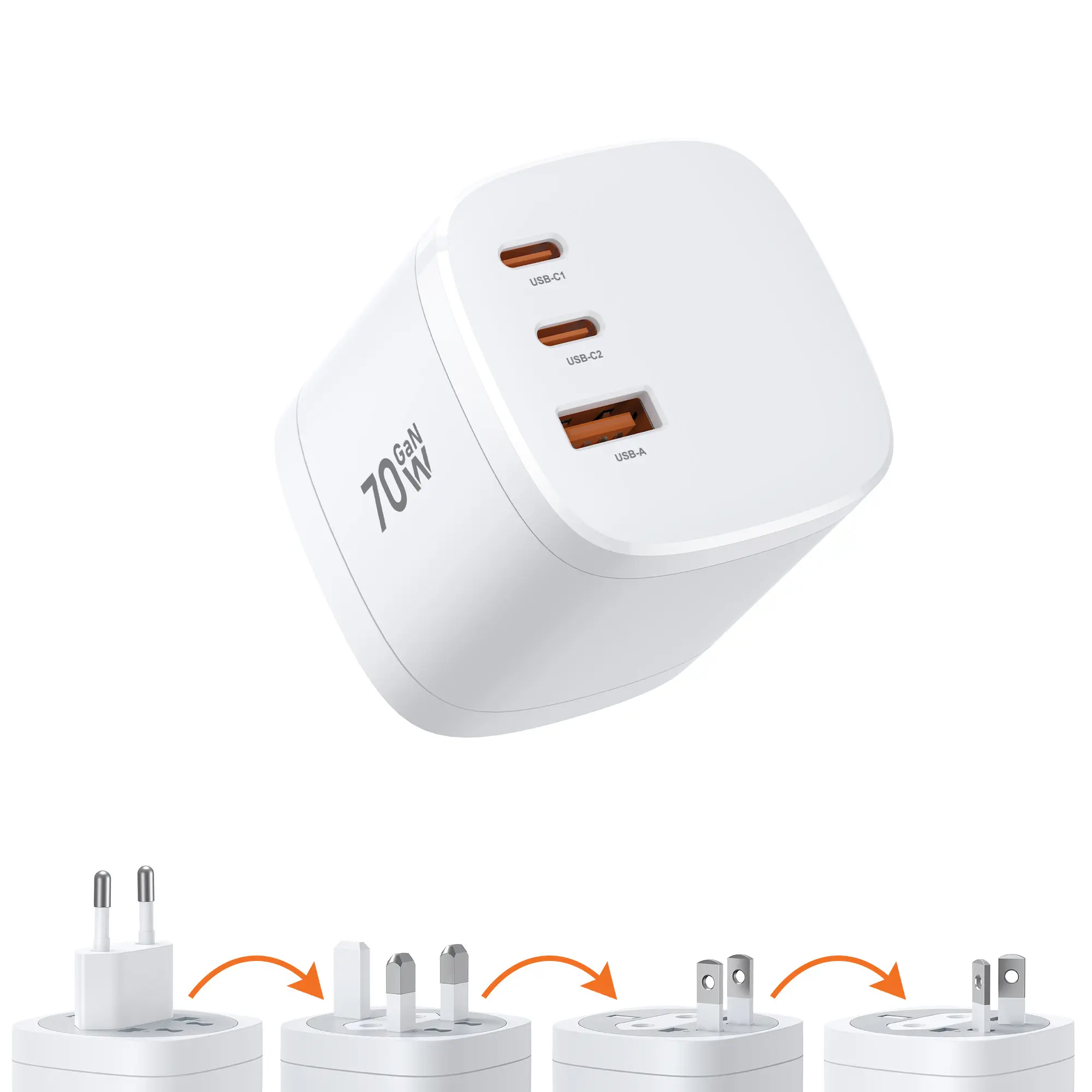 Mukiya Universal Travel Plug Adapter 360° Rotatable 70W 3-Port Fast Charging for 200+ Countries 2 USB-C 1 USB-A International Power Adapter for US/EU/UK/AUS, PD3.0 Fast Charger for Business Travel Essentials
