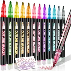 12 Colors Outline Markers, Stocking Stuffers Double Line Glitter Marker Pens Shimmer Markers for Christmas Greeting Cards, Outline Pens Art Supplies for Scrapbook Crafts DIY Art Crafts
