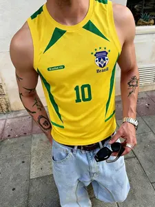 Men's summer street Y2K street casual sports football jersey, celebration vest, Brazilian yellow and green men's jersey, spring and summer, vacation, retro, going out, party, festival, a gift for boyfriend, Streetwear sport top