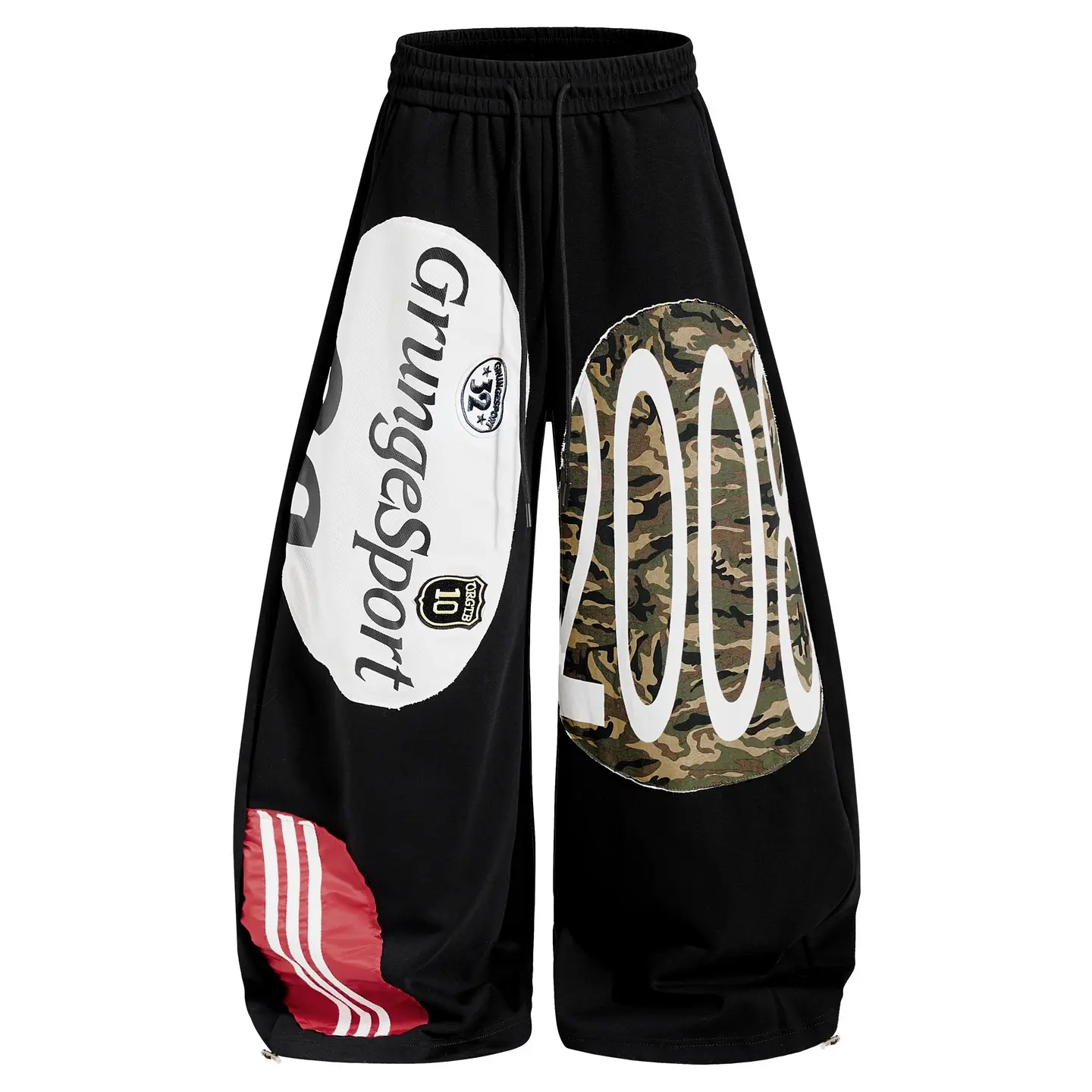 Inflation Color Block Patchwork Sweatpants Camo Number Graphic Print Drawstring Waist & Hem Baggy Wide Leg Streetwear Casual Pants