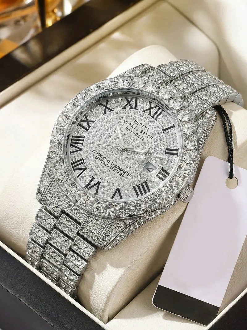 rhinestone silver watch for men - TikTok Shop display picture 1