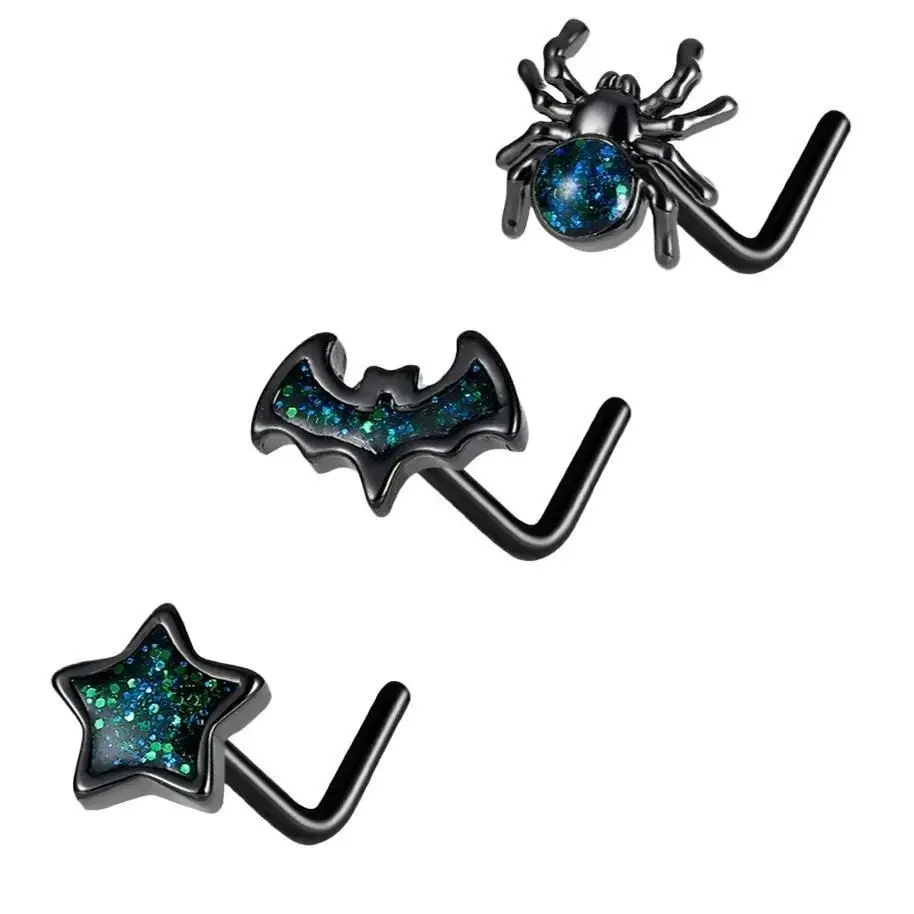 Oufer 3PCS 20G Blue Glitter Black Spider Bat Star L-Shaped Nose Studs Set, Halloween Body Jewellery with Stud Nose Rings, Nose Rings Studs, Body Jewelry
