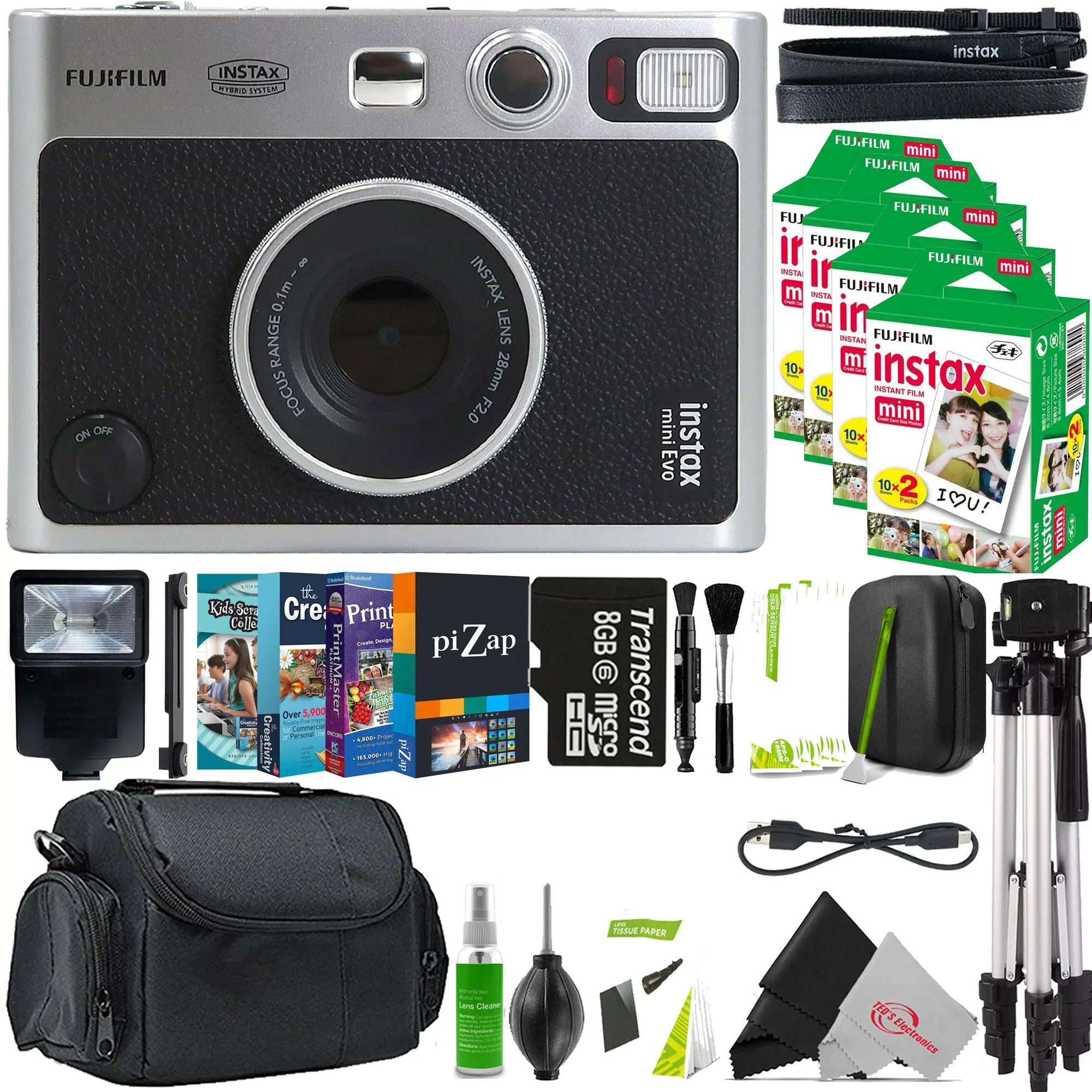 FUJIFILM INSTAX MINI EVO Hybrid Instant Camera Black + 4x Fujifilm 2x10 Mini Instax Film Pack + 8GB MicroSD Card + Tripod + Case + Scrapbooking Collection - Creativity Collection 2 piZap Pro & PrintMaster Platinum v8 + Slaveflash + CardReader + CleaningKi