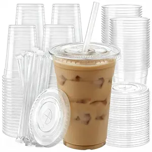 50/100pcs Pet Plastic Cups 16oz, Transparent Disposable Cups with Lids and Straws, Leak-Proof Ice Coffee Cups for Smoothies, Juices, Soda, Parties