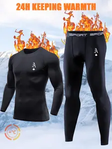 Men's 2-Piece Thermal Layer Set, Sports Clothes, Tech Fleece Compression Top + Pants, a Print, Ideal for Running, Skiing, Hiking, Winter Outdoor Training