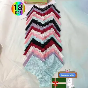 6/18 - piece set of sexy lace panties with bowknots. Breathable, comfortable, stretchy, solid - colored with contrasting lace. Ideal for parties, camping, dinners—perfect gift. Womenswear Basic Minimalist Plus High-Waisted girls