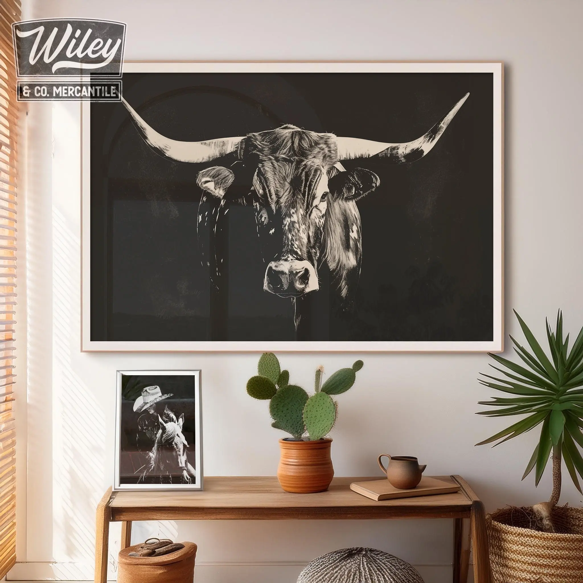 Texas Longhorn Art Print Poster No Frame, Black and White Modern Western Art Print, Large Western Living Decor, Ranch House Wall Art, Wild West Cow Prints