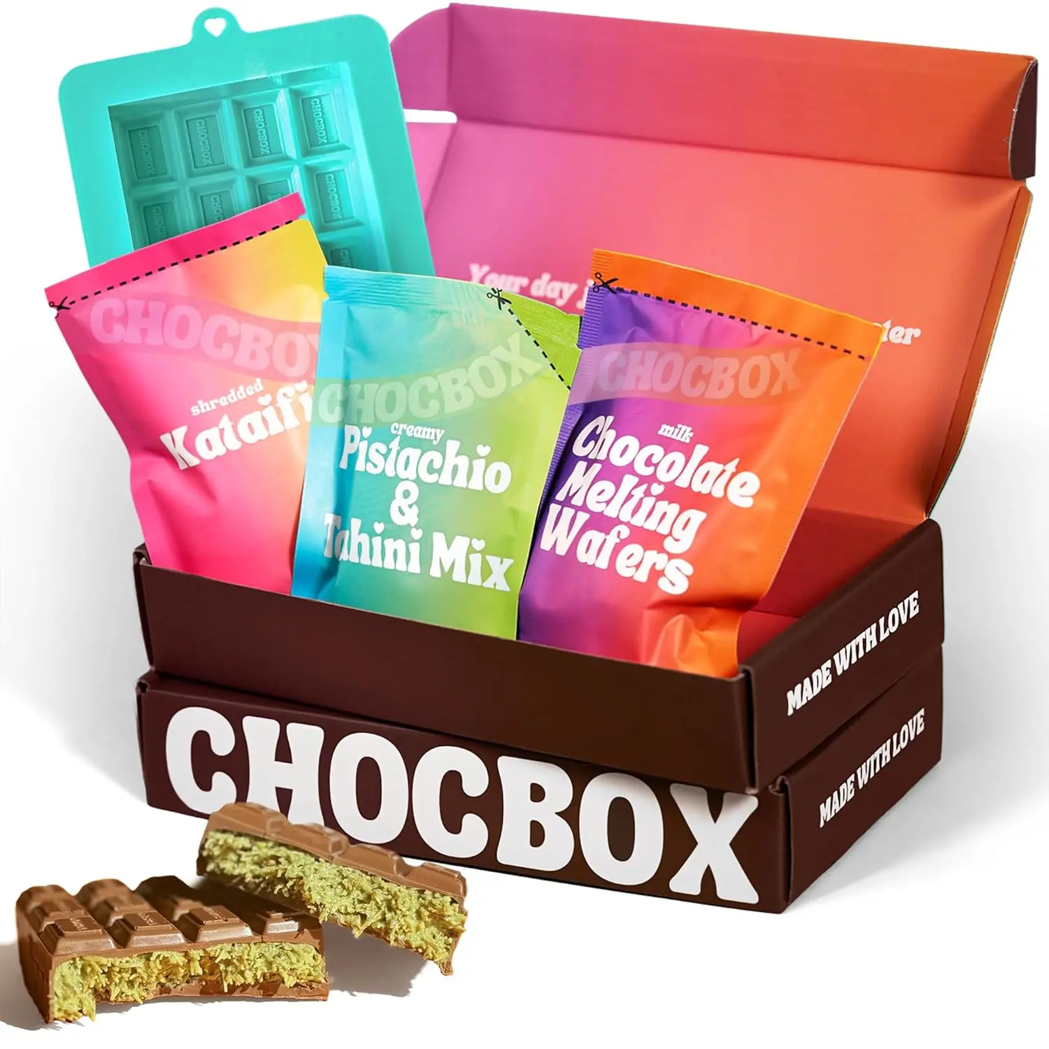 FLASH SALE - Chocbox Viral Dubai Milk Chocolate Bar Kit - Includes Chocolate Mold, Choc Wafers, Shredded Kataifi, Pistachio Cream - DIY Gift Box Dubai Kit - Great Gift