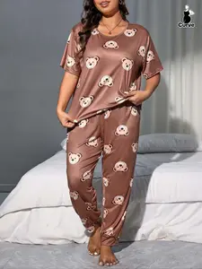 Plus Size All Over Cartoon Bear Print Drop Shoulder Tee & Pants Pyjama Set, Summer Clothes Women, Plus Size Round Neck Short Sleeve T-Shirt & Elastic Trousers PJ Set, Women's Sleepwear