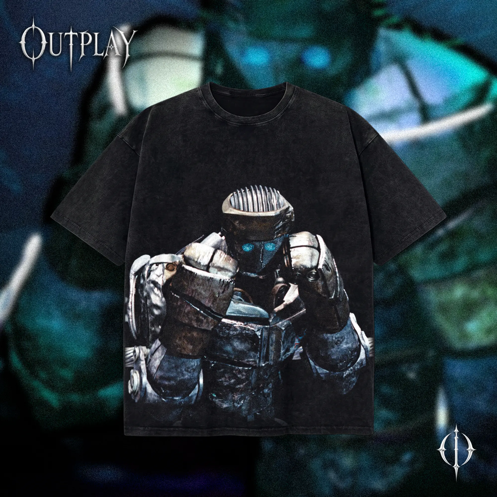 [OUTPLAY] Atom Real Steel Washed T-Shirt, Men’s Graphic Shirt, Gaming Movie Streetwear, DTG Print Menswear