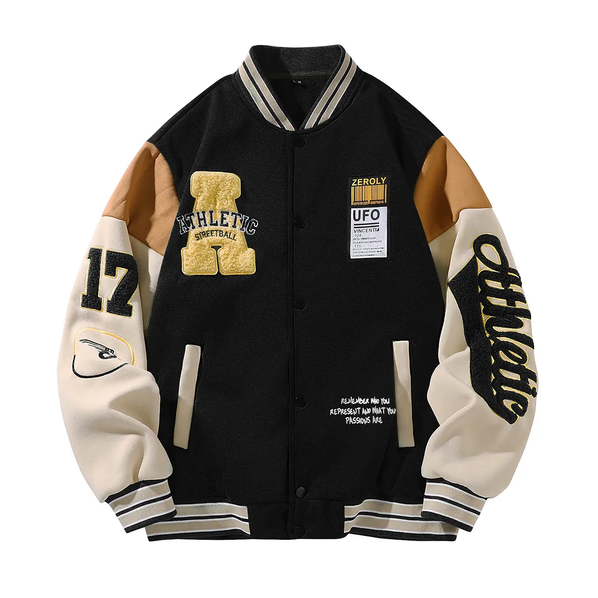 Men's Retro Athletic Varsity Jacket, Color Block Letterman Bomber with Zeroly UFO Graphic and Button Front