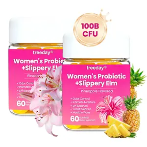 2x Treeday Women's Probiotic + Slippery Elm Gummies (100B CFU) - Chewy Bouncy Texture, Pineapple Flavored, 60 Count