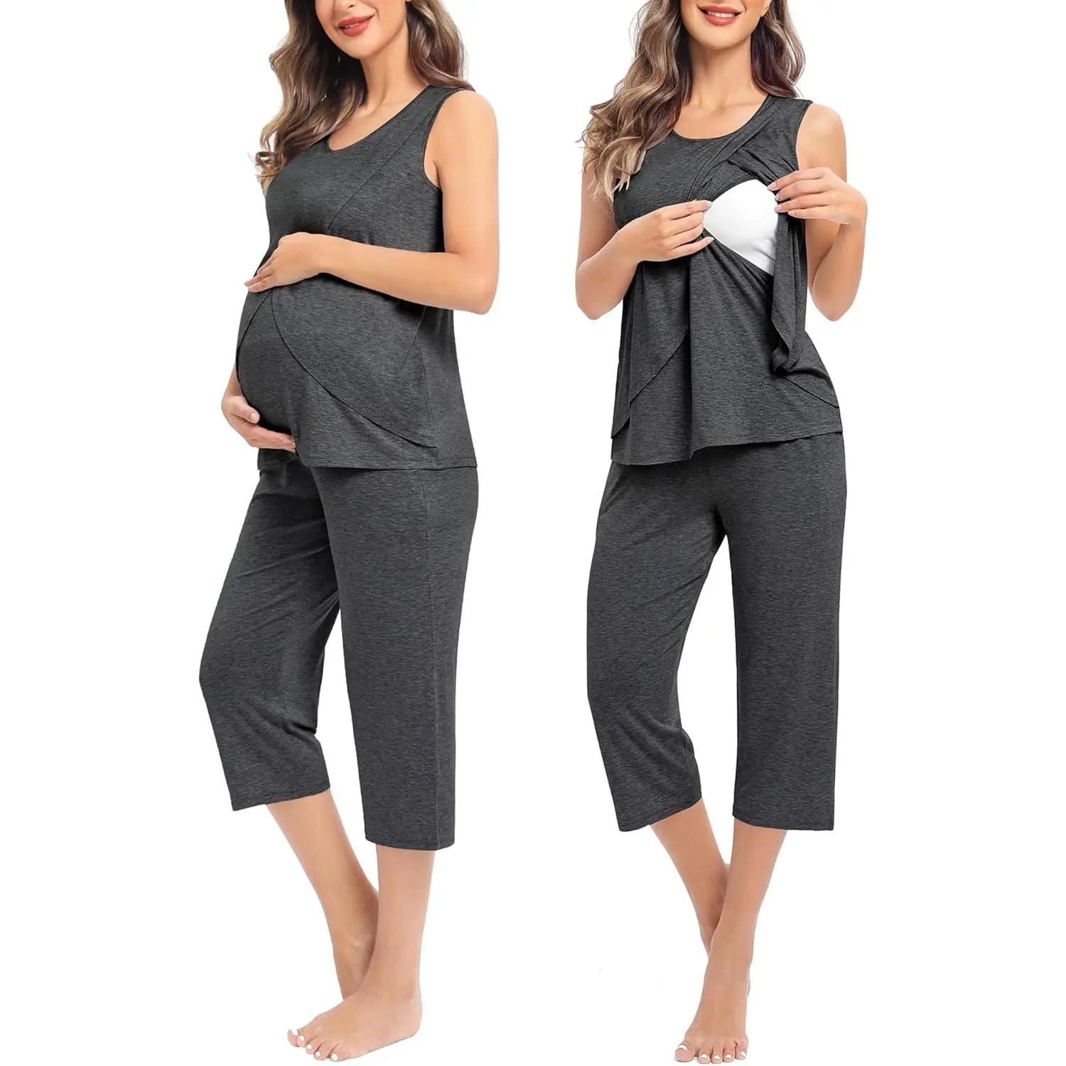 Women's Maternity 2-Piece Nursing Sleepwear Set - Sleeveless Double-Layer Top with 2 Outer Panels, Side Access for Breastfeeding, Tulip Hem Design, Capri Pants with Pockets, Hospital Wear, Pregnancy, Two Outer Panels