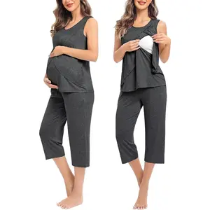Women Maternity Pajama Set Nursing Pjs Double Layer Sleeveless Top Capri Pregnancy Set Breastfeeding Pjs with Pockets