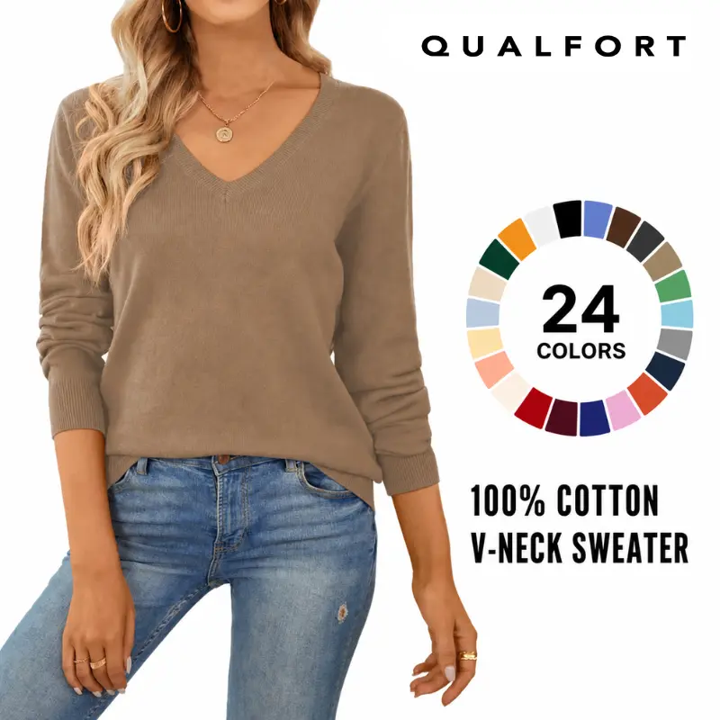 QUALFORT Women's V-Neck Pullover Sweater, Casual Long Sleeve Solid Basic Knitwear Top in 100% Cotton for Thanksgiving, Chinese New Year, Sweaters, Valentines Day