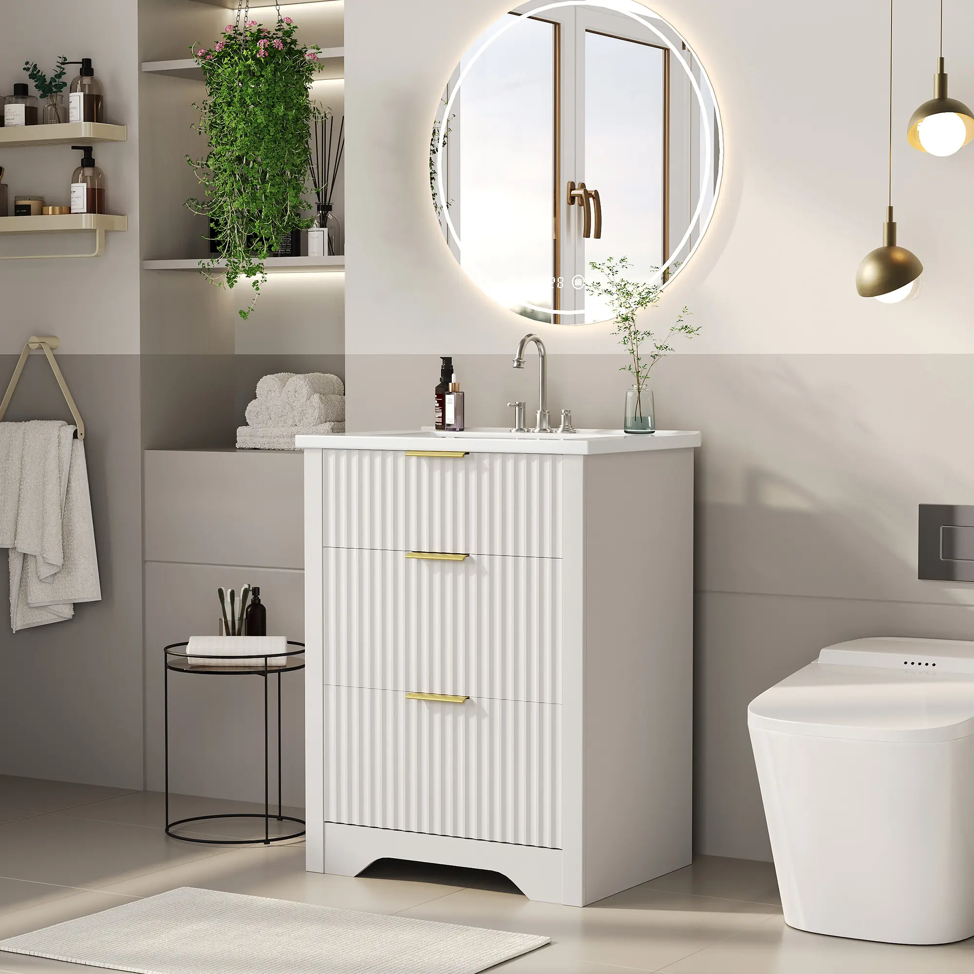 Bathroom Vanity with Basin - 2 Soft-Close Drawers & Turn-Down Storage - Easy Assembly & Cleaning - Farmhouse Freestanding Cabinet, Natural Oak, 30 Inches