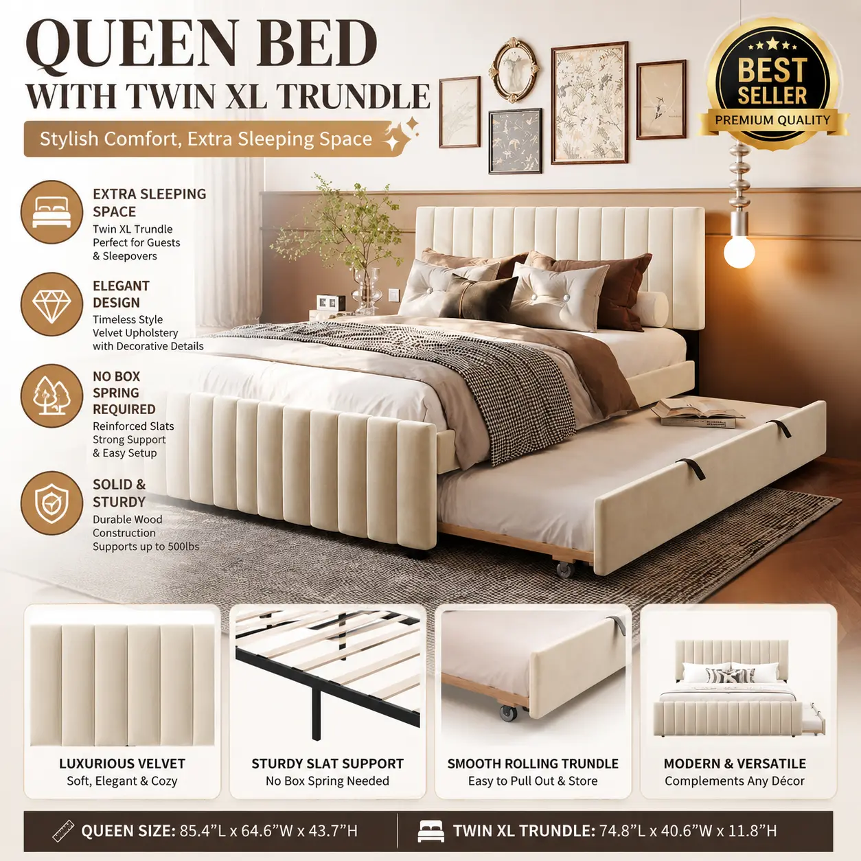 Queen Size Velvet Bed with Twin XL Trundle Bed, Beige Upholstered Platform Bed Frame, Pull Out Guest Bed for Bedroom, Apartment, Dorm, Sleepovers, Shared Room, Space Saving Furniture for Adults and Teens