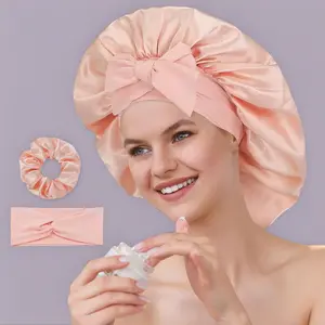 2-Pack Silk Satin Bonnet for Sleeping Double Layer Satin Lined Hair Bonnet with Adjustable Tie Band for Women Curly Natural Hair Includes Satin Scrunchie Headband Non Slip Stretchy Band