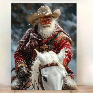 A Western Cowboy Santa Claus Riding a White Horse Canvas Art, Size 12x16inch - Framed Country Festival Decoration, Snow Scene Winter Scene, Red Coat and Cowboy Hat, Suitable for Christmas and Cowboy Themed Parties, Western Christmas Decoration