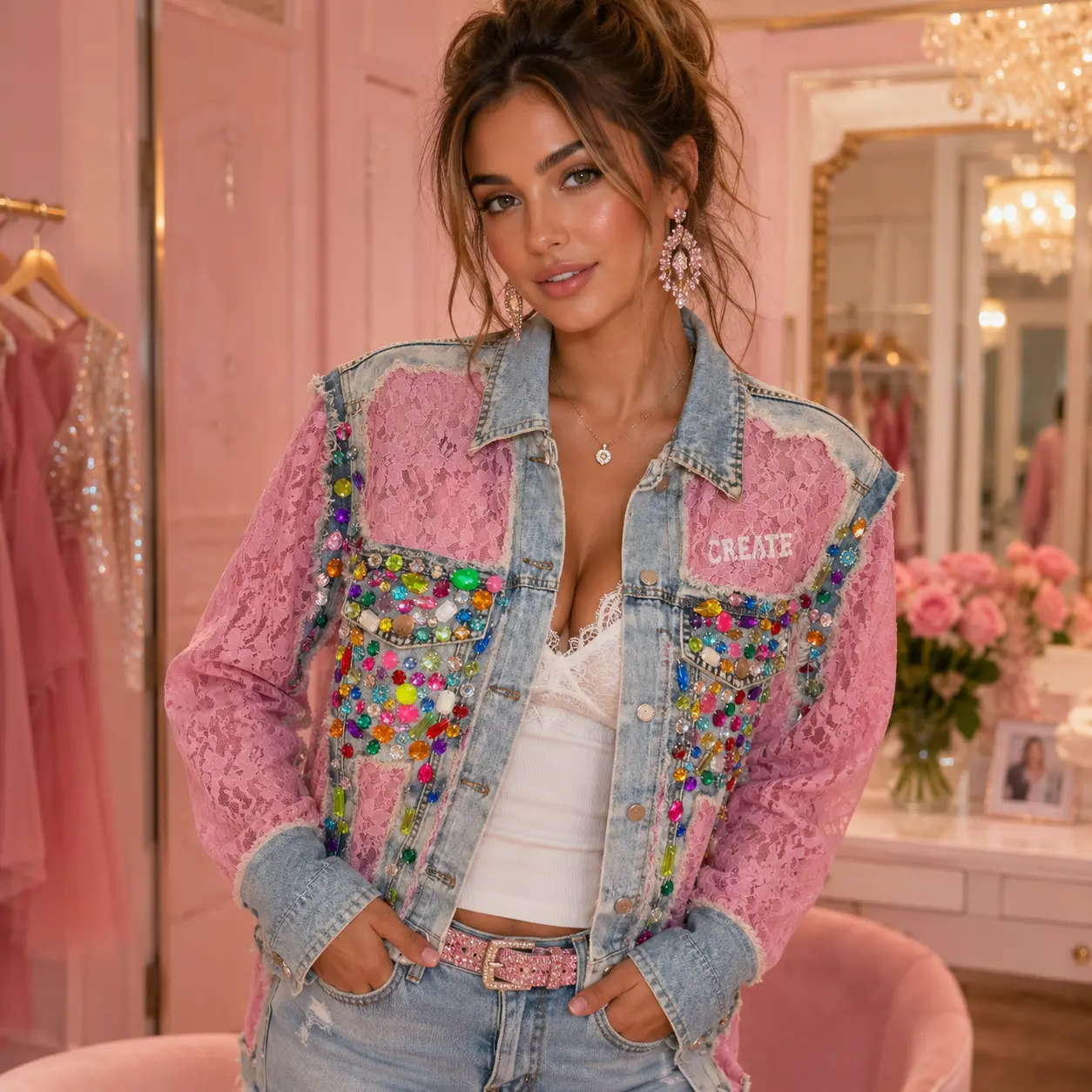 #244 LunaSparkle handmade designer Personality Patchwork Denim Jacket