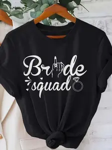 Plus Size Women's Bride Squad Wedding Party T-Shirt - Bridesmaid & Ring Graphic Print Soft Round Neck Top, Black & White Bridal Apparel, Machine Washable Wedding Gift for Groomsmen Events, Casual Wedding Outfits