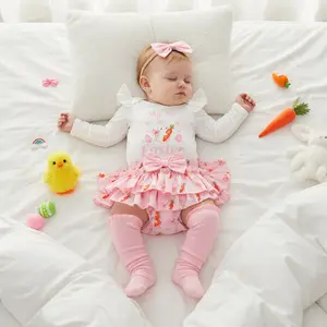 Baby Girls Easter Outfits Bunny Carrot Print Long Sleeve Romper Tiered PP Shorts Headband Leg Warmers Sets