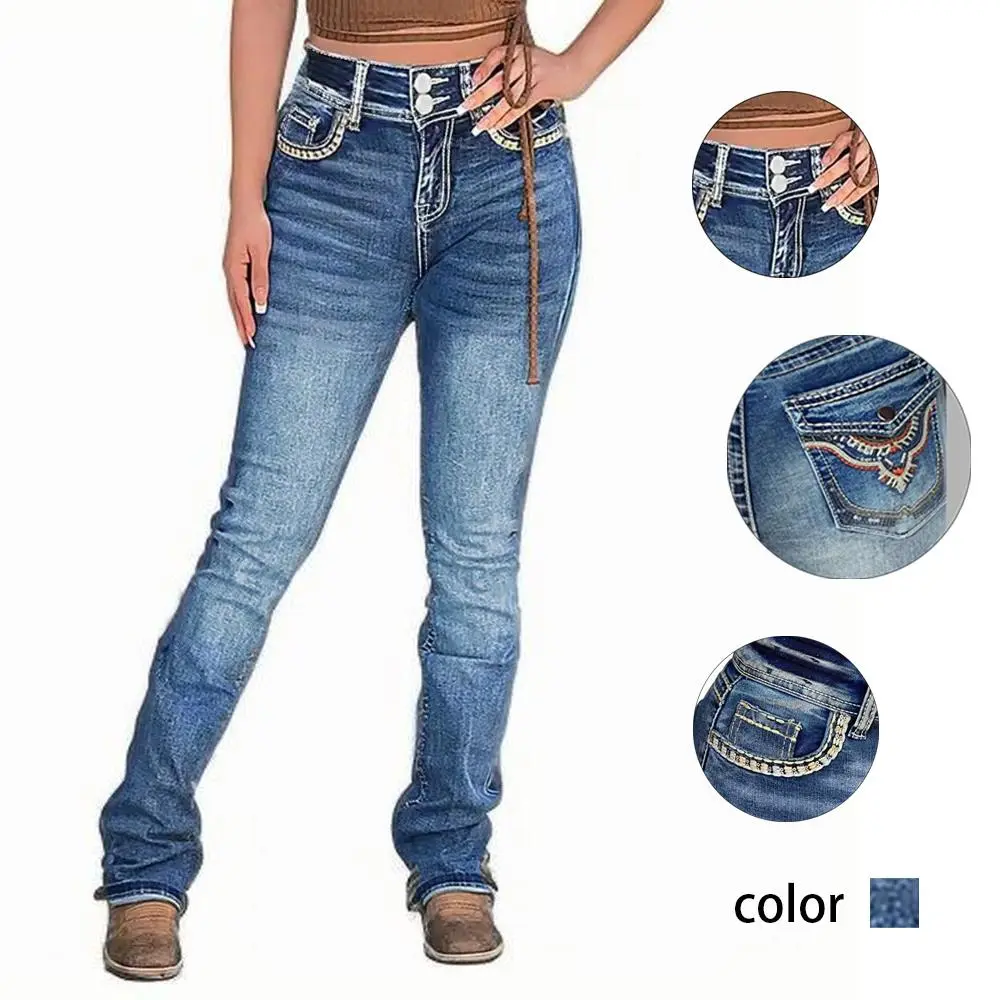 Trendy Western - Style Women's High - Rise Bootcut Jeans - Embroidered Pockets