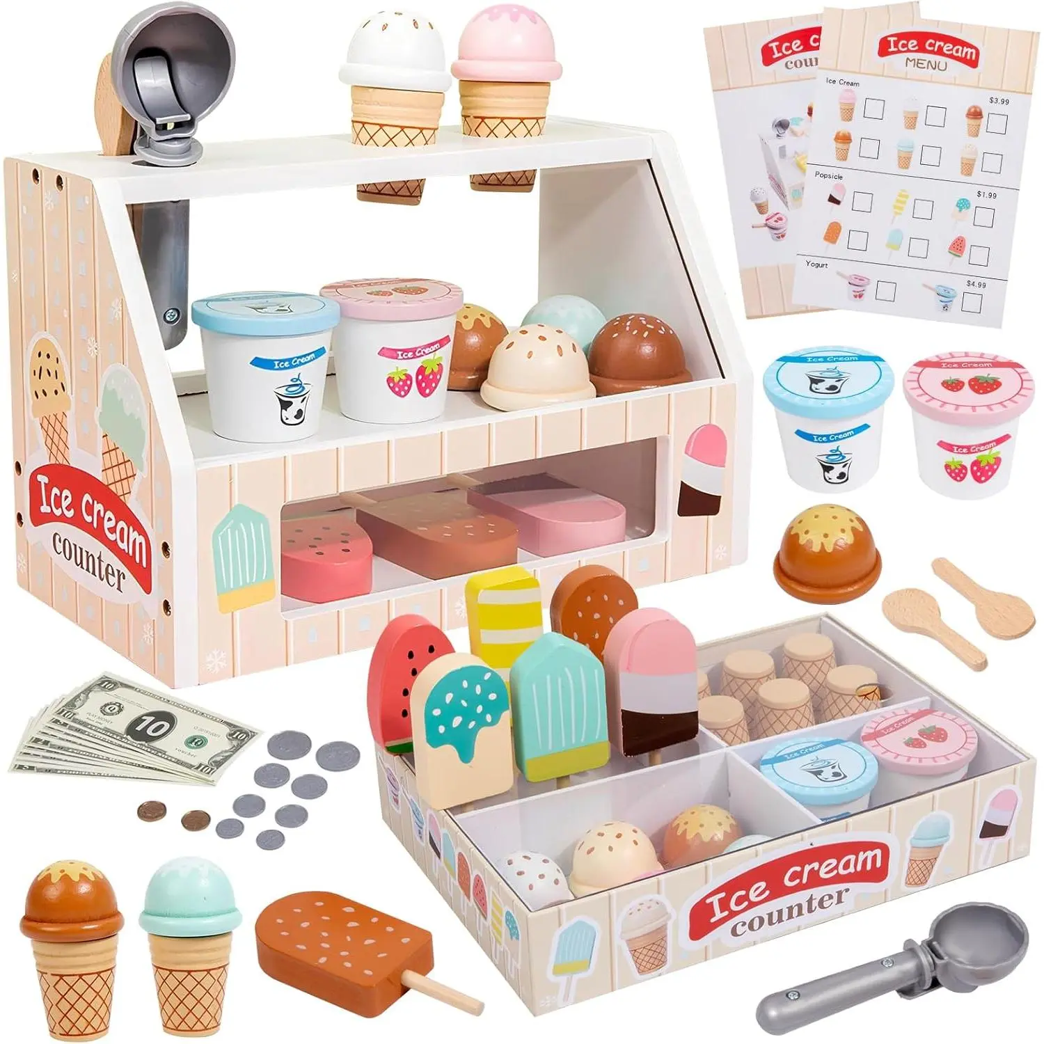 Cream Set Counter Toy for Toddlers, Play Food Kitchen Accessories, Pretend Play Cream Shop Toys for Kids Ages 3+, Play Store with Fake Money  Coin
