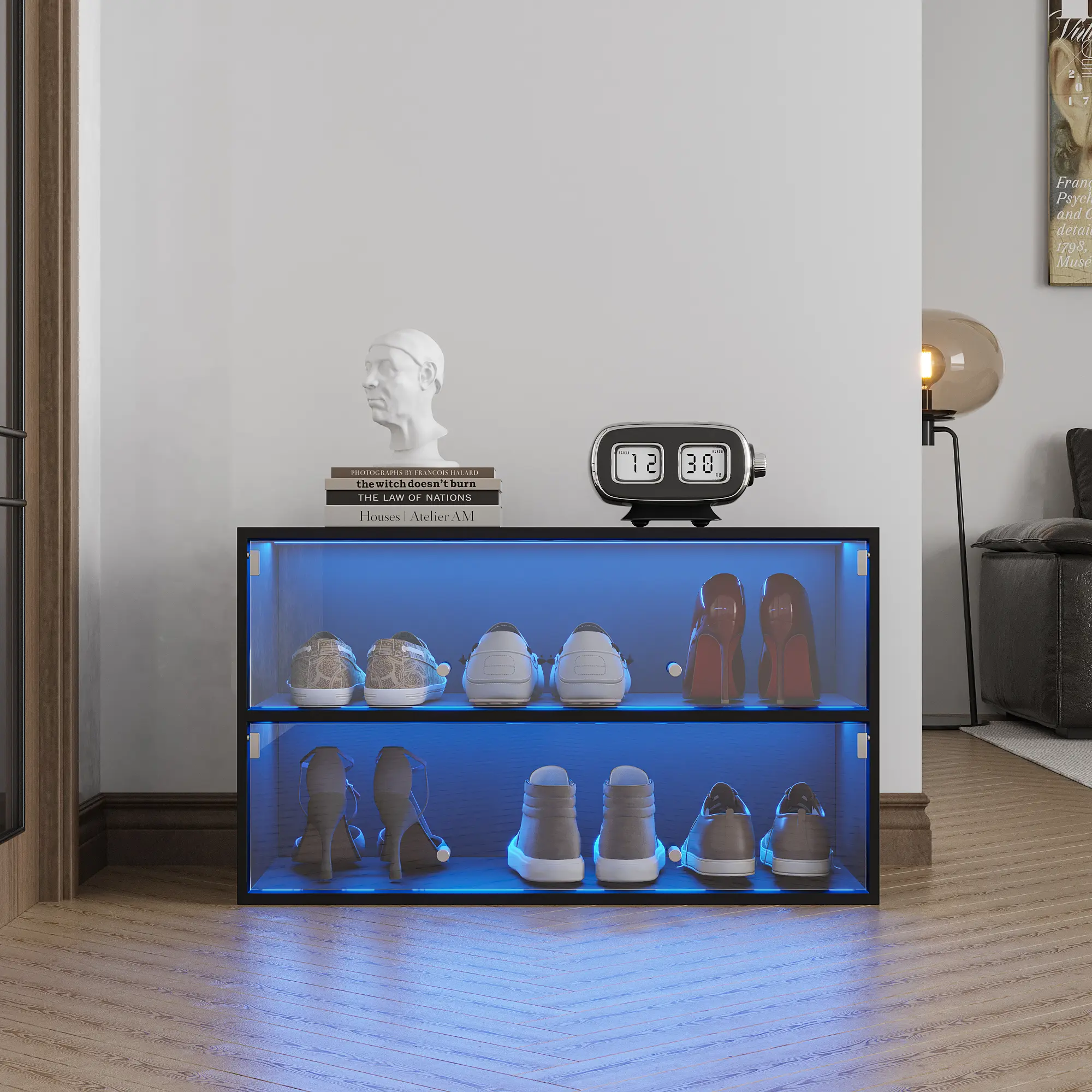 LED Shoe Storage Box with Glass Door, RGB LED Light for Up to 6 Pairs of Shoes, Wooden Storage Bin for Display Sneakers (Matte Black)