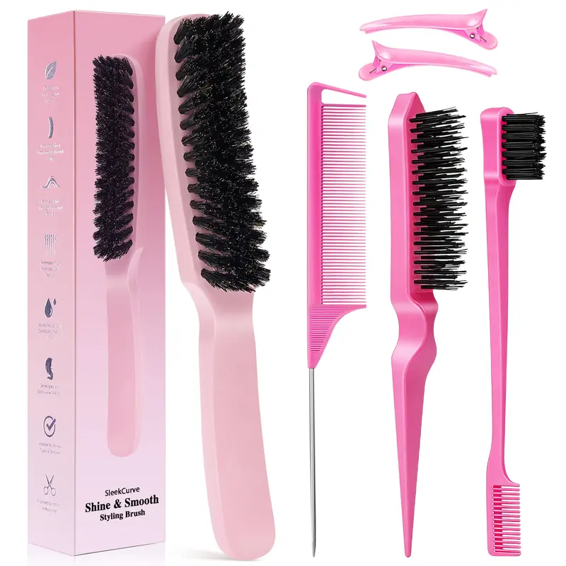 Goiple 4pcs Boar Bristle Tailcomb Set - Anti-Frizz, Slick Back, Edge Tools for Adults, Flyaway Control Hair Styling Combs for All Hair Types, Slick Back Brush