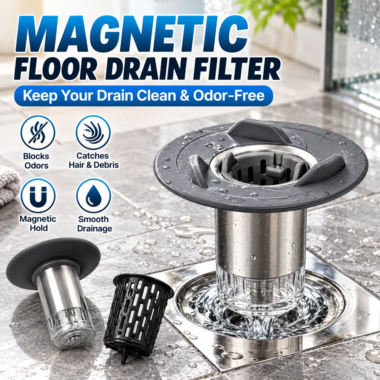 Magnetic Floor Drain Filter with Hair Catcher, Odor Blocker & Removable Basket, Stainless Steel Drain Strainer for Bathroom, Shower, Kitchen & Laundry Room