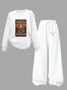 Spring Summer New Round Neck Ribbed Cuff Loose Sport Western Cowboy Pattern Sarcasm Quote Letter Fashion Fun Versatile Sweatshirt Set