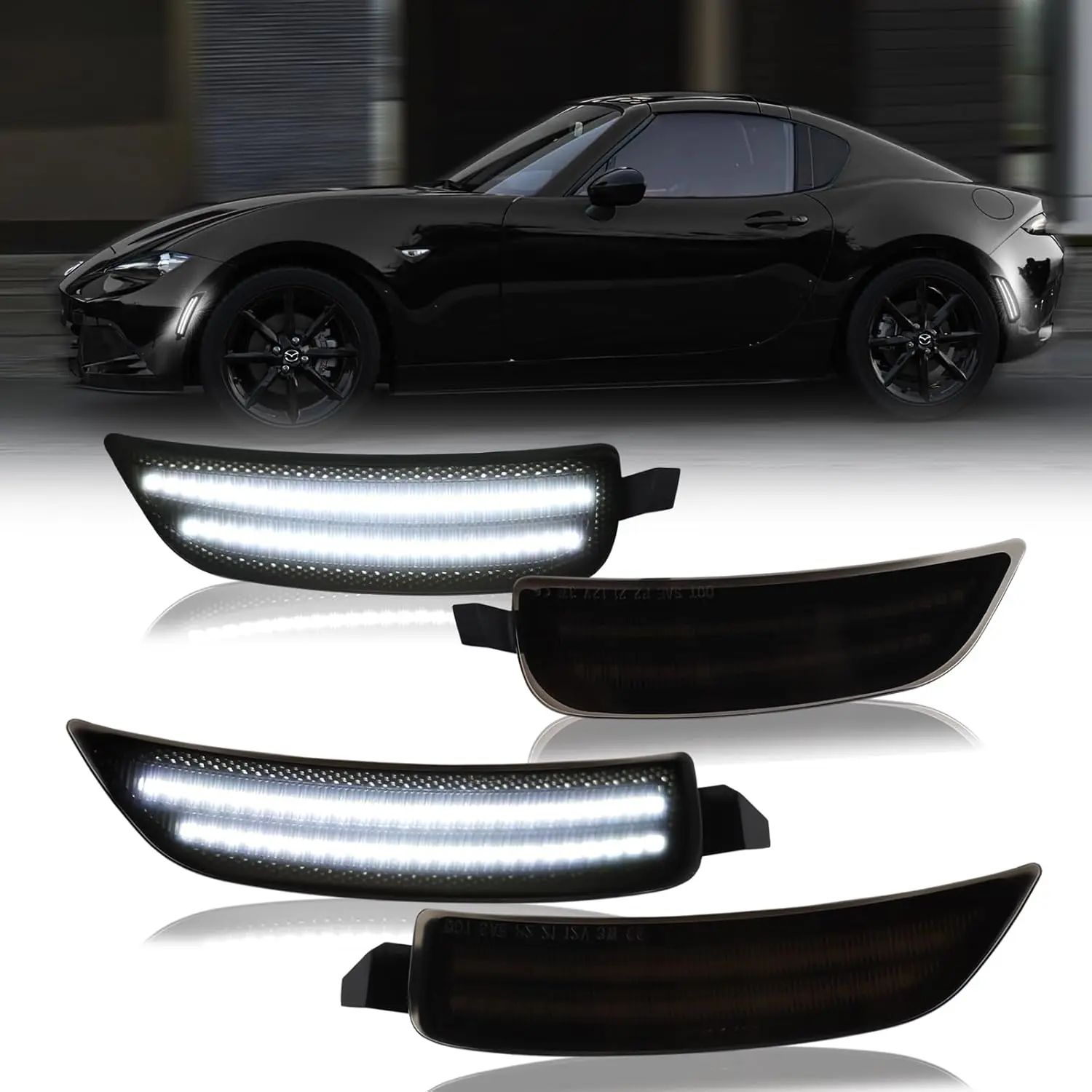 White LED Side Marker Lights - Car Lighting Bumper Lights Parking Signals for 2016-2024 Mazda MX-5 Miata ND, 4PCS Smoked Lens Front Rear Reflectors, Led Light, Lightweight