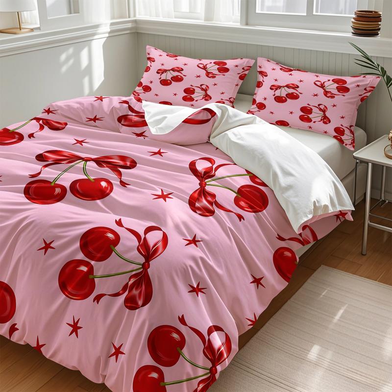 Pink cherry and bow print bedding set, cover and pillowcase combination, suitable for family bedrooms and hotels, Soft Bedding Set