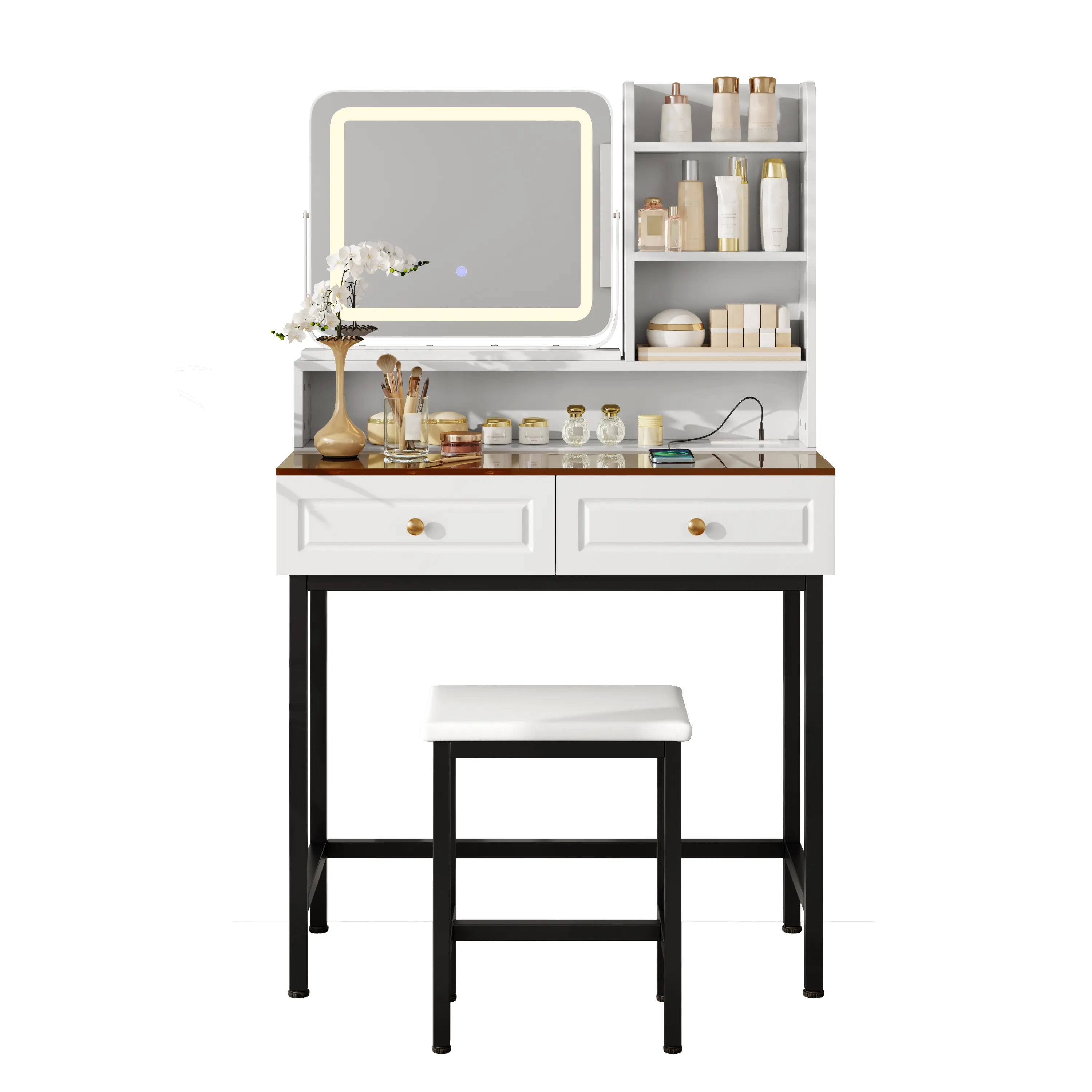 Freestanding Backlit Makeup Vanity - Rectangular Mirrored Dressing Table with LED Lighting, 360° Rotatable Mirror, 2 Drawers, Power Outlet, 3-Tier Shelves, Amber Glass Top, Sturdy Metal Legs & Stool for Bedroom, 3-Color Switch, Beauty Organization