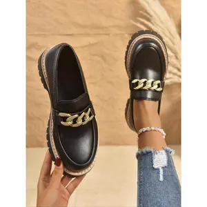 Women's Casual Low Heel Shoes, PU Leather Upper, Rubber Sole, Spring & Fall Fashion Loafers, Metal Buckle Design, Comfortable Walking Shoes