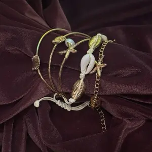 Elegant Bangle - Summer Fashion Costume Jewelry Bracelet with Gold Leaf Charms, Shell Beads for Beach Vibe