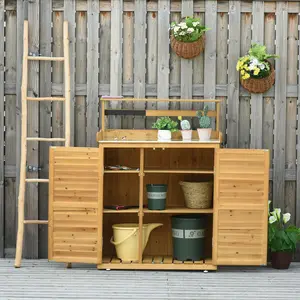 Backyard Garden Tool Storage Shed Outdoor Storage Potting Bench with 2 Magnetic Close Doors Large Interior Space 3-Tier Shelves Solid Fir Wood 2-in-1 Design Easy Access Hooks